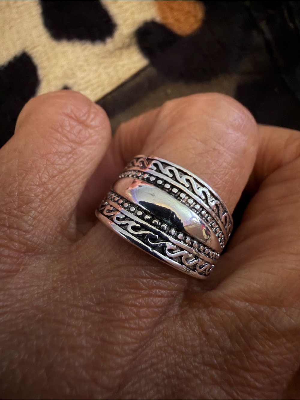 Ornate Silver-Tone Wide Band Ring for Women